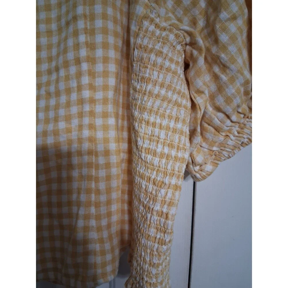 NWT Women's Old Navy Puff Sleeve Linen Blend Top Size 3X Yellow Gingham N7